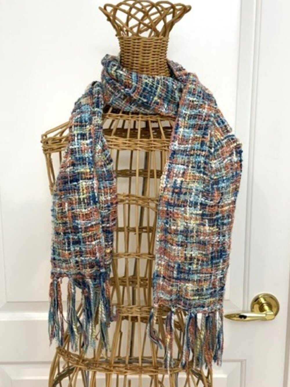 Green/blue/multi-color boucle knit oblong scarf.